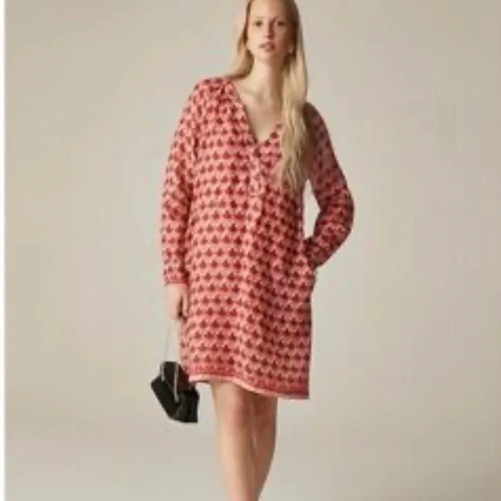 NWT J. Crew Red/Pink Floral Cabana Mini Dress, Long Sleeve, 100% Ramie, XS